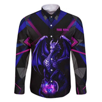 Custom Black And Purple Dragon Bowling Family Matching Off The Shoulder Long Sleeve Dress and Hawaiian Shirt Magic Orb Graphic on Geometric Black Background Design - Wonder Print Shop
