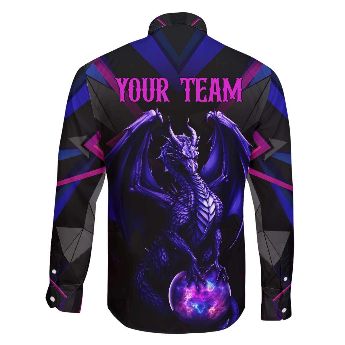 Custom Black And Purple Dragon Bowling Family Matching Off The Shoulder Long Sleeve Dress and Hawaiian Shirt Magic Orb Graphic on Geometric Black Background Design - Wonder Print Shop