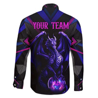 Custom Black And Purple Dragon Bowling Family Matching Off The Shoulder Long Sleeve Dress and Hawaiian Shirt Magic Orb Graphic on Geometric Black Background Design - Wonder Print Shop