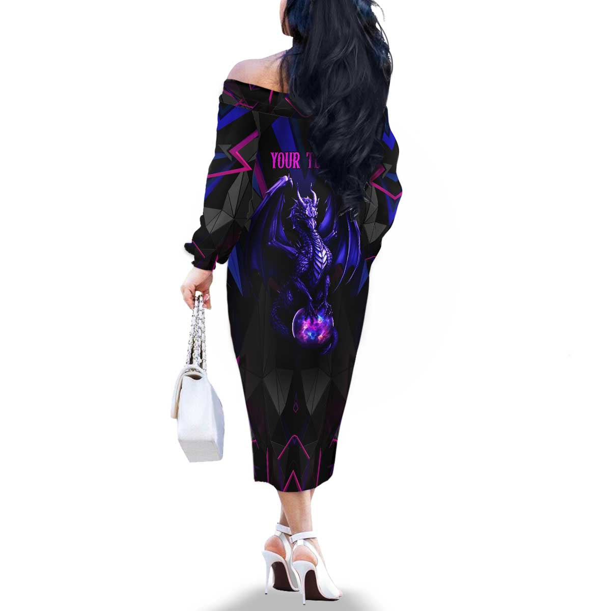 Custom Black And Purple Dragon Bowling Family Matching Off The Shoulder Long Sleeve Dress and Hawaiian Shirt Magic Orb Graphic on Geometric Black Background Design - Wonder Print Shop