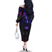 Custom Black And Purple Dragon Bowling Family Matching Off The Shoulder Long Sleeve Dress and Hawaiian Shirt Magic Orb Graphic on Geometric Black Background Design - Wonder Print Shop