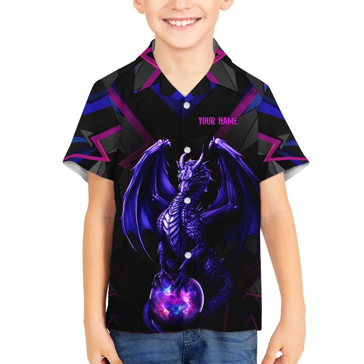 Custom Black And Purple Dragon Bowling Family Matching Off The Shoulder Long Sleeve Dress and Hawaiian Shirt Magic Orb Graphic on Geometric Black Background Design - Wonder Print Shop