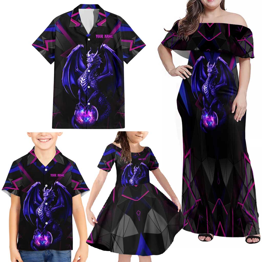 Custom Black And Purple Dragon Bowling Family Matching Off Shoulder Maxi Dress and Hawaiian Shirt Magic Orb Graphic on Geometric Black Background Design - Wonder Print Shop