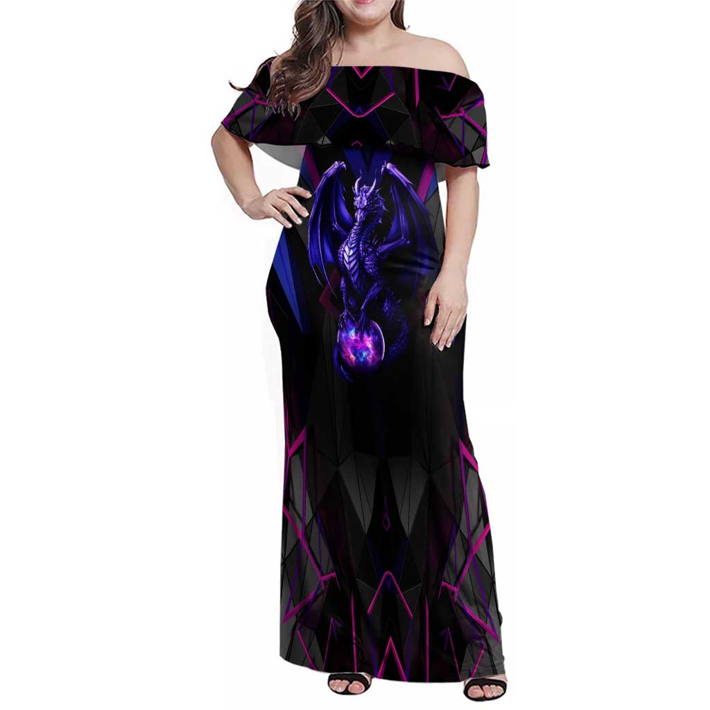 Custom Black And Purple Dragon Bowling Family Matching Off Shoulder Maxi Dress and Hawaiian Shirt Magic Orb Graphic on Geometric Black Background Design - Wonder Print Shop