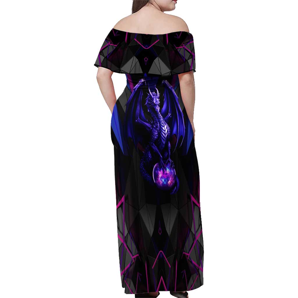 Custom Black And Purple Dragon Bowling Family Matching Off Shoulder Maxi Dress and Hawaiian Shirt Magic Orb Graphic on Geometric Black Background Design - Wonder Print Shop