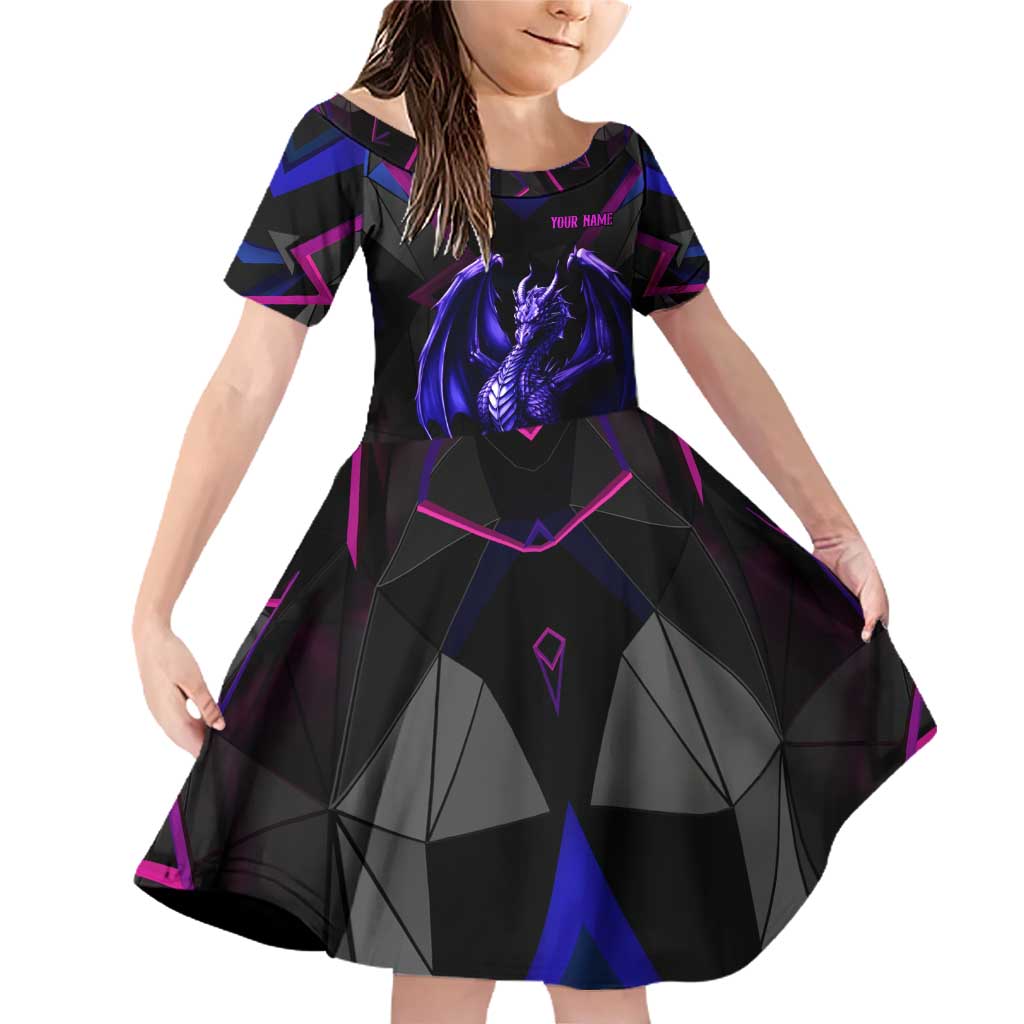 Custom Black And Purple Dragon Bowling Family Matching Off Shoulder Short Dress and Hawaiian Shirt Magic Orb Graphic on Geometric Black Background Design - Wonder Print Shop