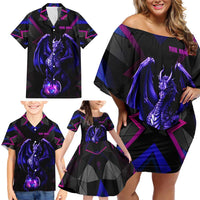 Custom Black And Purple Dragon Bowling Family Matching Off Shoulder Short Dress and Hawaiian Shirt Magic Orb Graphic on Geometric Black Background Design - Wonder Print Shop