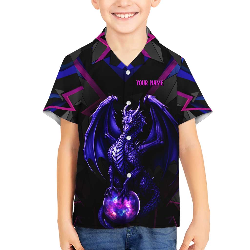 Custom Black And Purple Dragon Bowling Family Matching Off Shoulder Short Dress and Hawaiian Shirt Magic Orb Graphic on Geometric Black Background Design - Wonder Print Shop