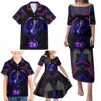 Custom Black And Purple Dragon Bowling Family Matching Puletasi and Hawaiian Shirt Magic Orb Graphic on Geometric Black Background Design - Wonder Print Shop