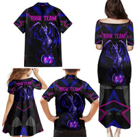 Custom Black And Purple Dragon Bowling Family Matching Puletasi and Hawaiian Shirt Magic Orb Graphic on Geometric Black Background Design - Wonder Print Shop