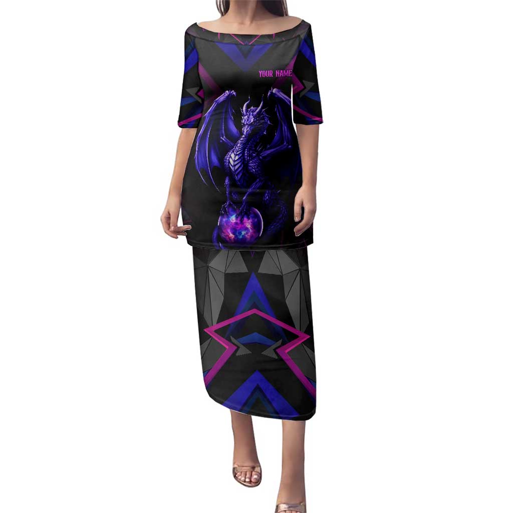 Custom Black And Purple Dragon Bowling Family Matching Puletasi and Hawaiian Shirt Magic Orb Graphic on Geometric Black Background Design - Wonder Print Shop