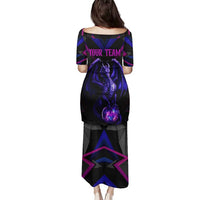 Custom Black And Purple Dragon Bowling Family Matching Puletasi and Hawaiian Shirt Magic Orb Graphic on Geometric Black Background Design - Wonder Print Shop
