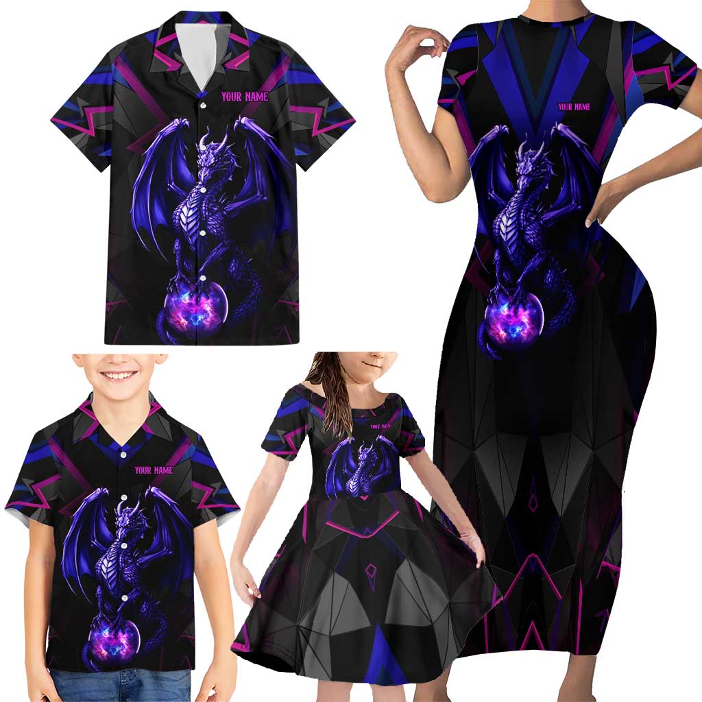 Custom Black And Purple Dragon Bowling Family Matching Short Sleeve Bodycon Dress and Hawaiian Shirt Magic Orb Graphic on Geometric Black Background Design - Wonder Print Shop