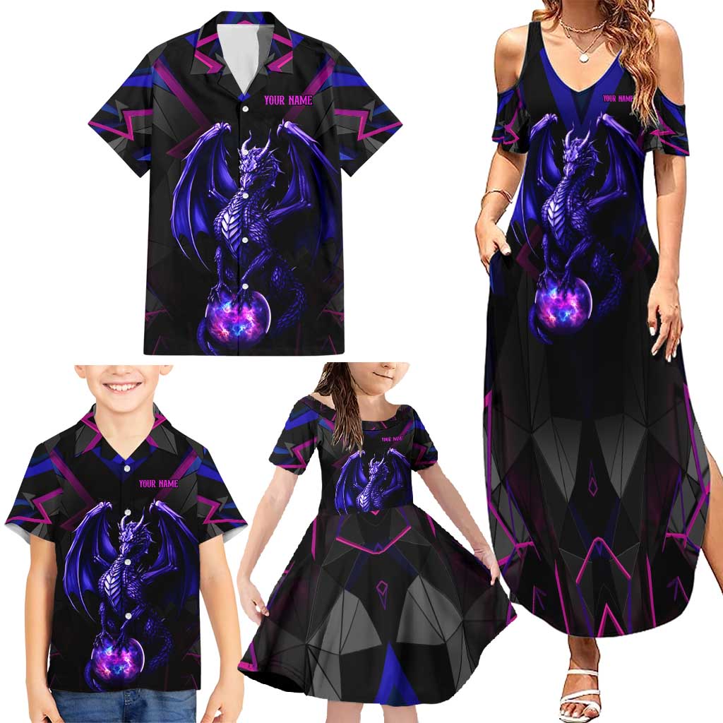 Custom Black And Purple Dragon Bowling Family Matching Summer Maxi Dress and Hawaiian Shirt Magic Orb Graphic on Geometric Black Background Design - Wonder Print Shop