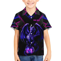 Custom Black And Purple Dragon Bowling Family Matching Summer Maxi Dress and Hawaiian Shirt Magic Orb Graphic on Geometric Black Background Design - Wonder Print Shop