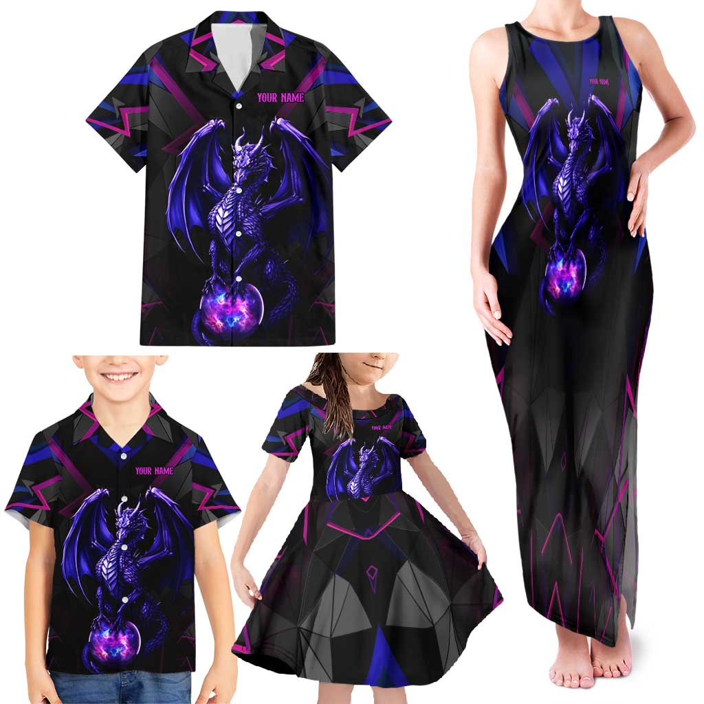 Custom Black And Purple Dragon Bowling Family Matching Tank Maxi Dress and Hawaiian Shirt Magic Orb Graphic on Geometric Black Background Design - Wonder Print Shop