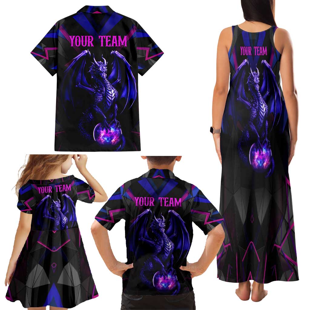Custom Black And Purple Dragon Bowling Family Matching Tank Maxi Dress and Hawaiian Shirt Magic Orb Graphic on Geometric Black Background Design - Wonder Print Shop