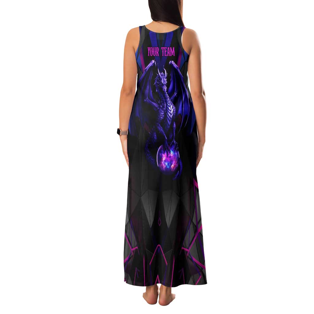 Custom Black And Purple Dragon Bowling Family Matching Tank Maxi Dress and Hawaiian Shirt Magic Orb Graphic on Geometric Black Background Design - Wonder Print Shop