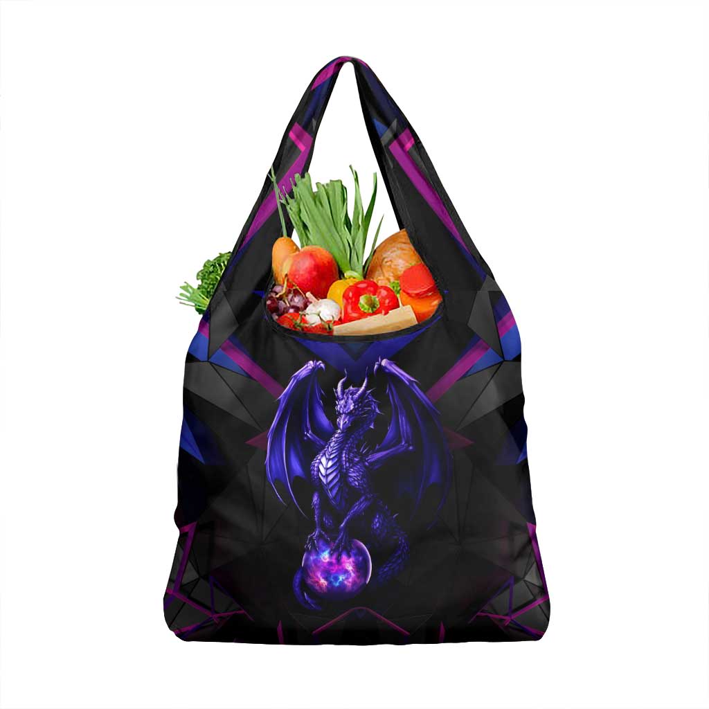 Custom Black And Purple Dragon Bowling Grocery Bag Magic Orb Graphic on Geometric Black Background Design - Wonder Print Shop