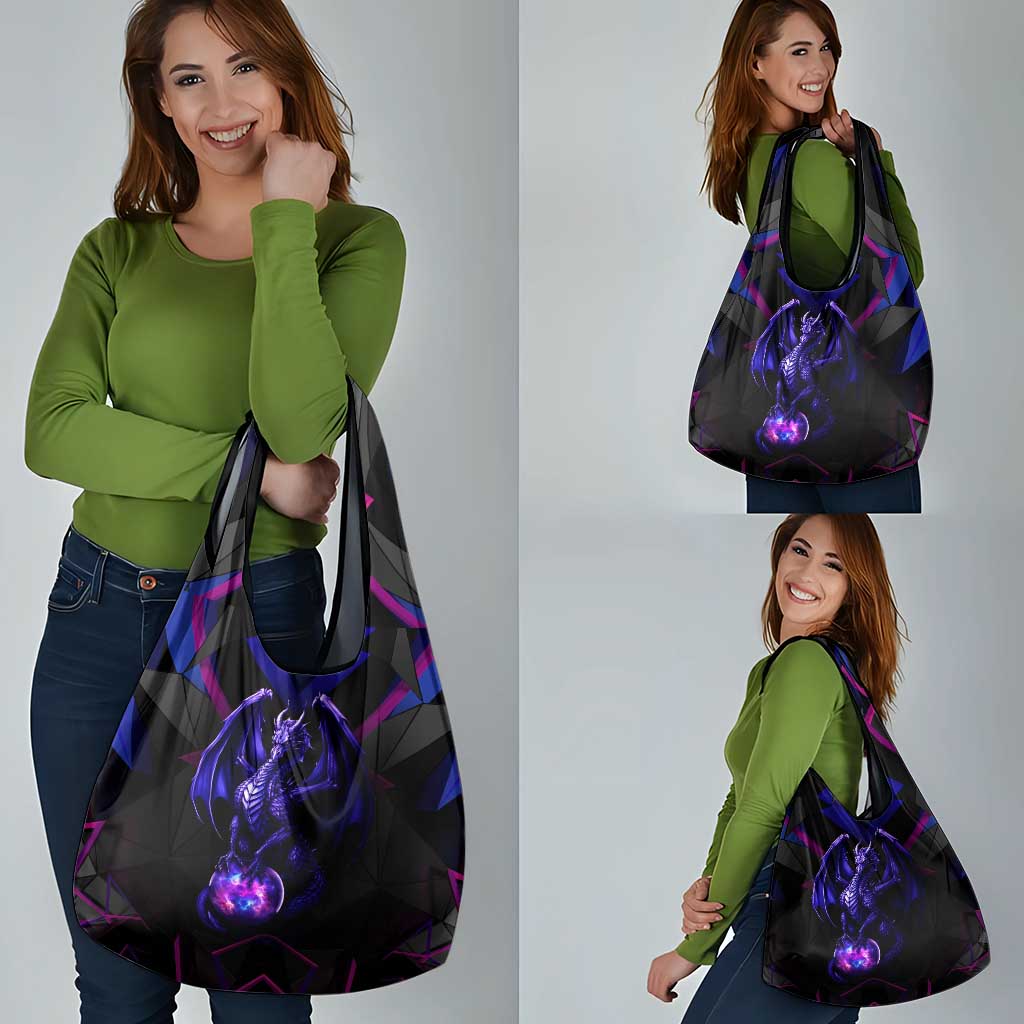 Custom Black And Purple Dragon Bowling Grocery Bag Magic Orb Graphic on Geometric Black Background Design - Wonder Print Shop
