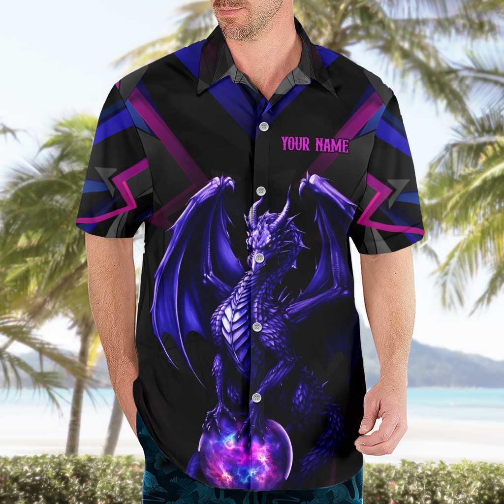 Custom Black And Purple Dragon Bowling Hawaiian Shirt Magic Orb Graphic on Geometric Black Background Design - Wonder Print Shop
