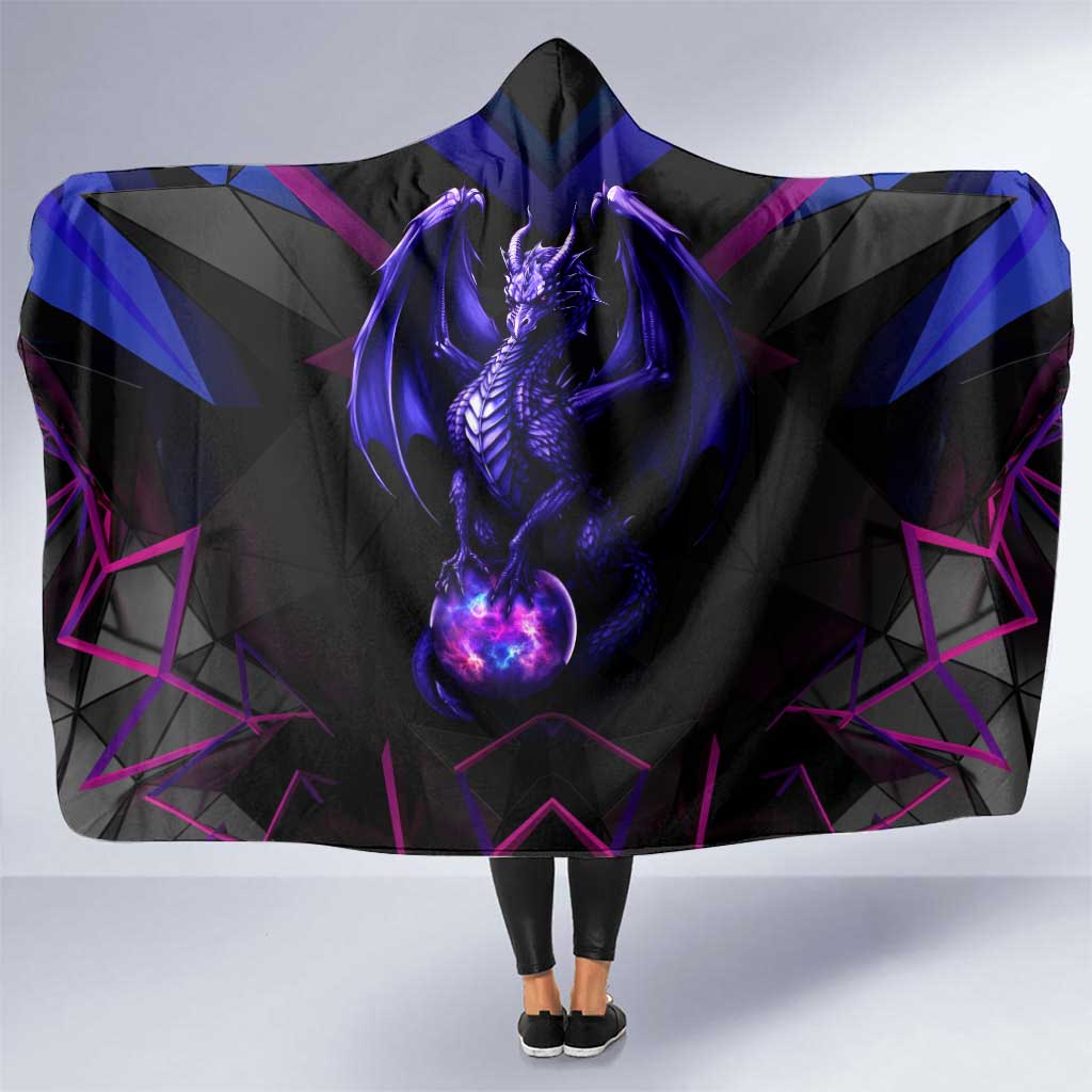 Custom Black And Purple Dragon Bowling Hooded Blanket Magic Orb Graphic on Geometric Black Background Design - Wonder Print Shop