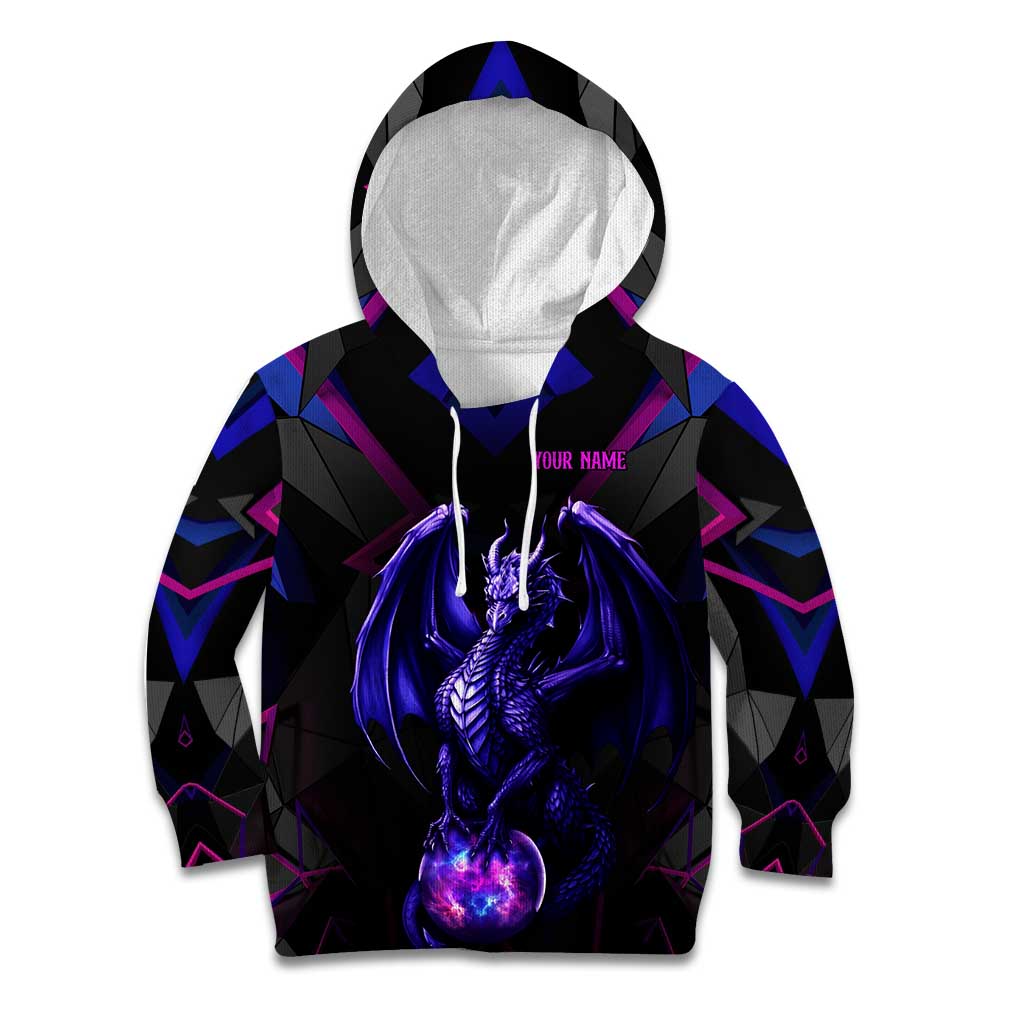 Custom Black And Purple Dragon Bowling Kid Hoodie Magic Orb Graphic on Geometric Black Background Design - Wonder Print Shop