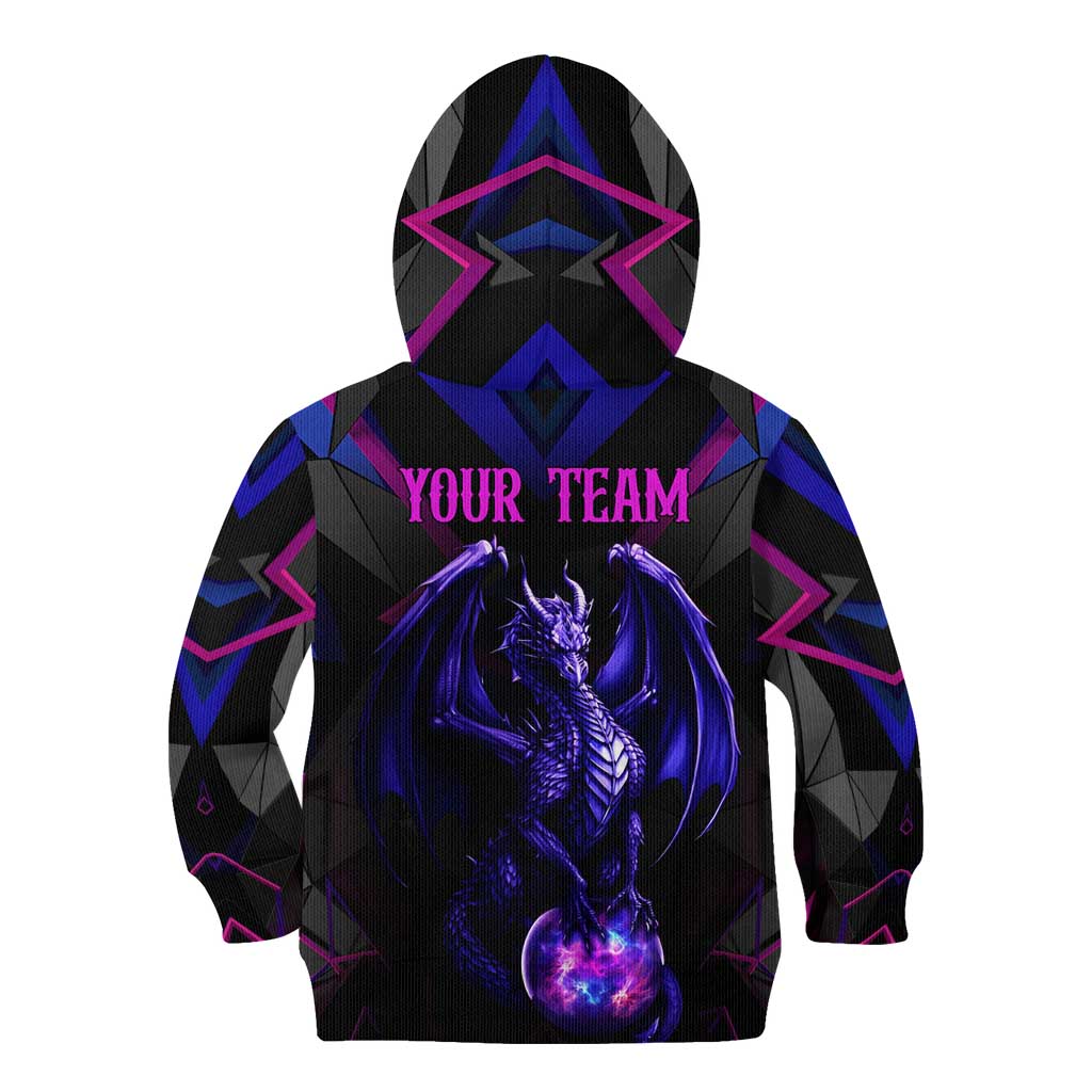 Custom Black And Purple Dragon Bowling Kid Hoodie Magic Orb Graphic on Geometric Black Background Design - Wonder Print Shop