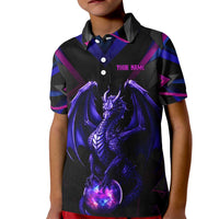 Custom Black And Purple Dragon Bowling Kid Polo Shirt Magic Orb Graphic on Geometric Black Background Design - Wonder Print Shop