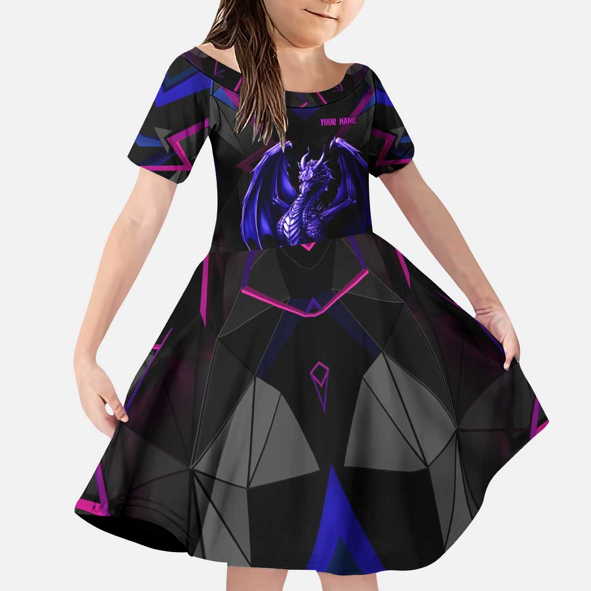 Custom Black And Purple Dragon Bowling Kid Short Sleeve Dress Magic Orb Graphic on Geometric Black Background Design - Wonder Print Shop