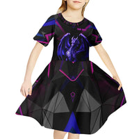 Custom Black And Purple Dragon Bowling Kid Short Sleeve Dress Magic Orb Graphic on Geometric Black Background Design - Wonder Print Shop
