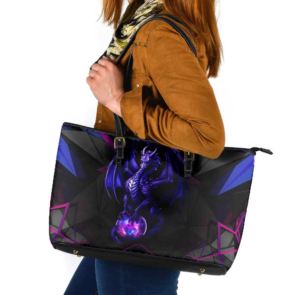 Custom Black And Purple Dragon Bowling Leather Tote Bag Magic Orb Graphic on Geometric Black Background Design - Wonder Print Shop