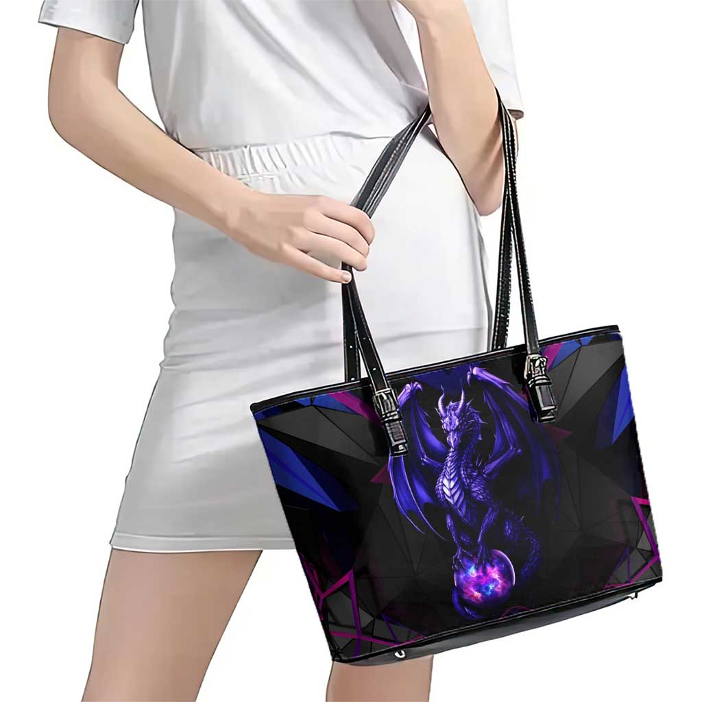 Custom Black And Purple Dragon Bowling Leather Tote Bag Magic Orb Graphic on Geometric Black Background Design - Wonder Print Shop