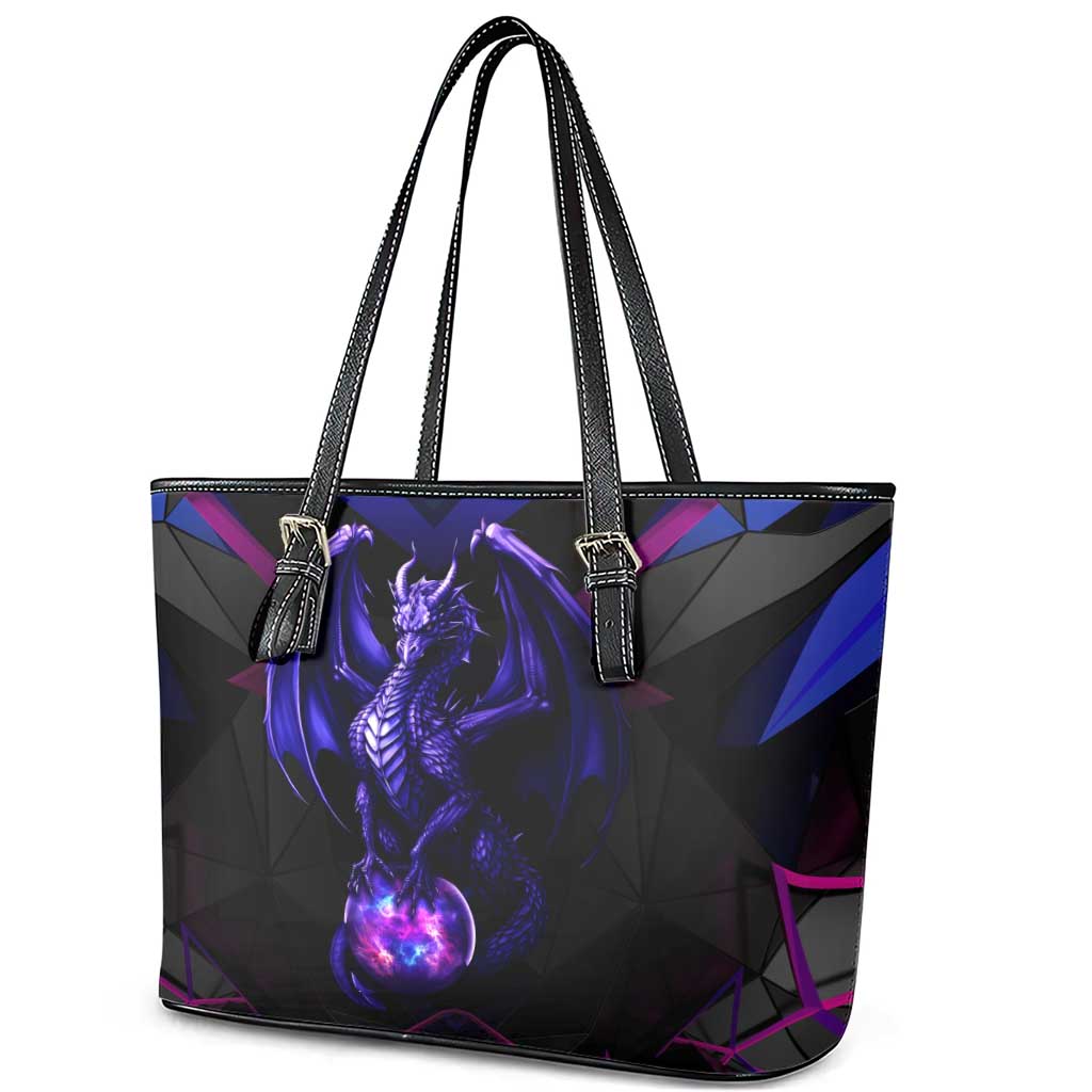 Custom Black And Purple Dragon Bowling Leather Tote Bag Magic Orb Graphic on Geometric Black Background Design - Wonder Print Shop