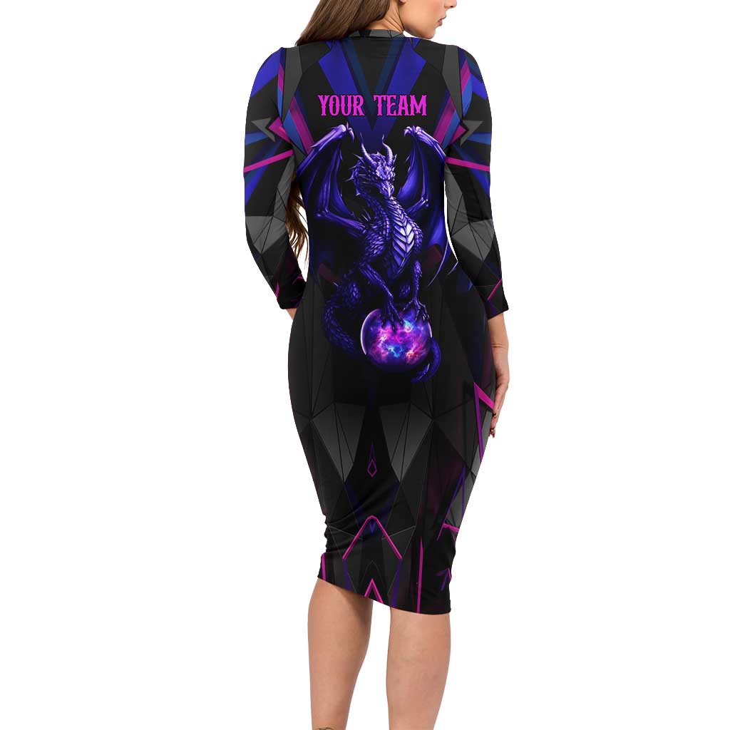 Custom Black And Purple Dragon Bowling Long Sleeve Bodycon Dress Magic Orb Graphic on Geometric Black Background Design - Wonder Print Shop