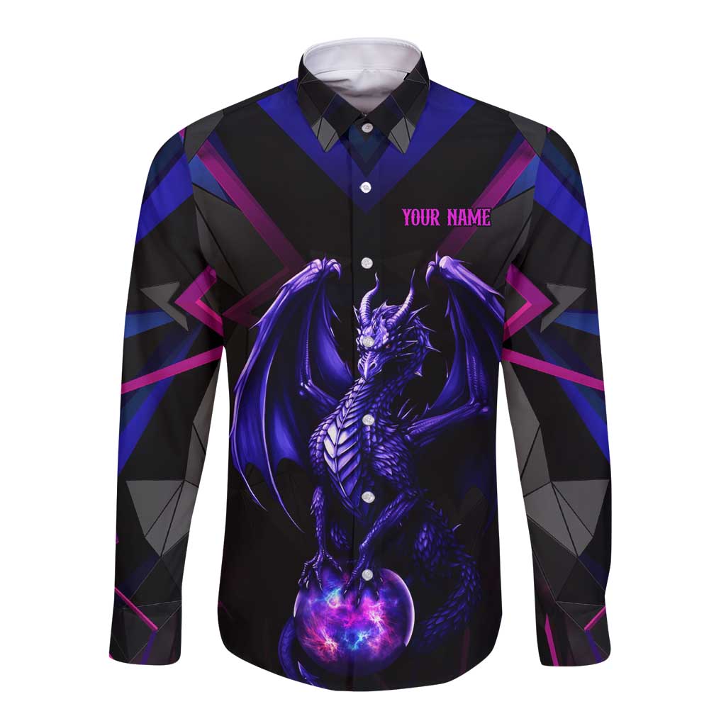 Custom Black And Purple Dragon Bowling Long Sleeve Button Shirt Magic Orb Graphic on Geometric Black Background Design - Wonder Print Shop