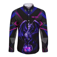 Custom Black And Purple Dragon Bowling Long Sleeve Button Shirt Magic Orb Graphic on Geometric Black Background Design - Wonder Print Shop