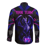 Custom Black And Purple Dragon Bowling Long Sleeve Button Shirt Magic Orb Graphic on Geometric Black Background Design - Wonder Print Shop
