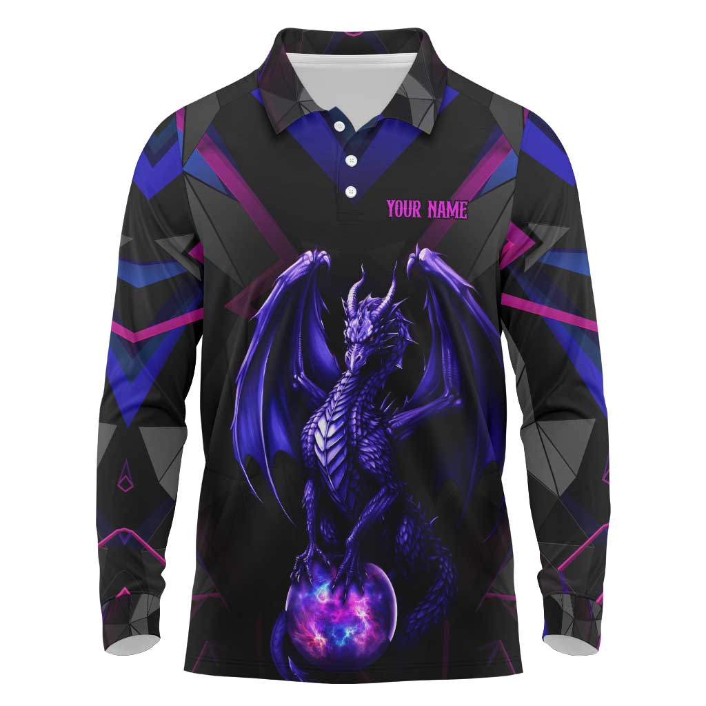 Custom Black And Purple Dragon Bowling Long Sleeve Polo Shirt Magic Orb Graphic on Geometric Black Background Design - Wonder Print Shop