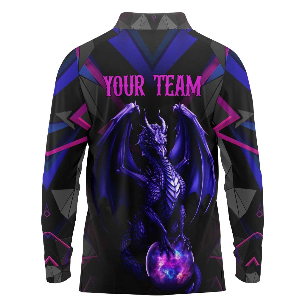 Custom Black And Purple Dragon Bowling Long Sleeve Polo Shirt Magic Orb Graphic on Geometric Black Background Design - Wonder Print Shop