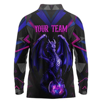 Custom Black And Purple Dragon Bowling Long Sleeve Polo Shirt Magic Orb Graphic on Geometric Black Background Design - Wonder Print Shop