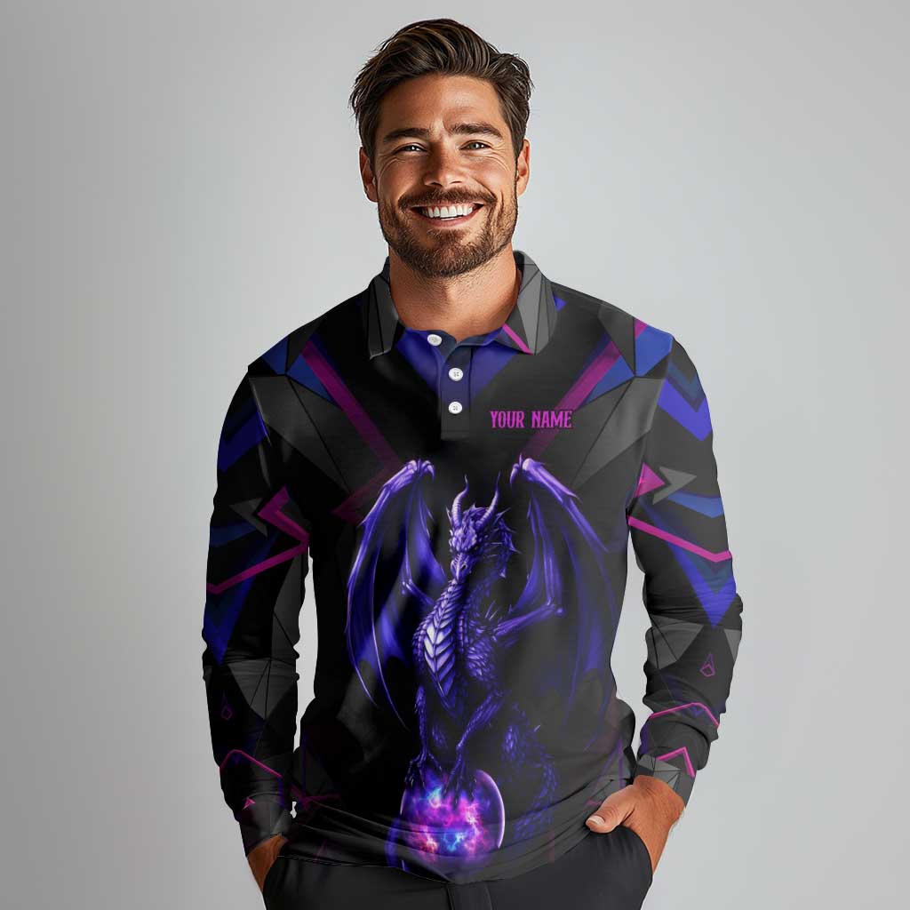 Custom Black And Purple Dragon Bowling Long Sleeve Polo Shirt Magic Orb Graphic on Geometric Black Background Design - Wonder Print Shop
