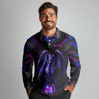 Custom Black And Purple Dragon Bowling Long Sleeve Polo Shirt Magic Orb Graphic on Geometric Black Background Design - Wonder Print Shop