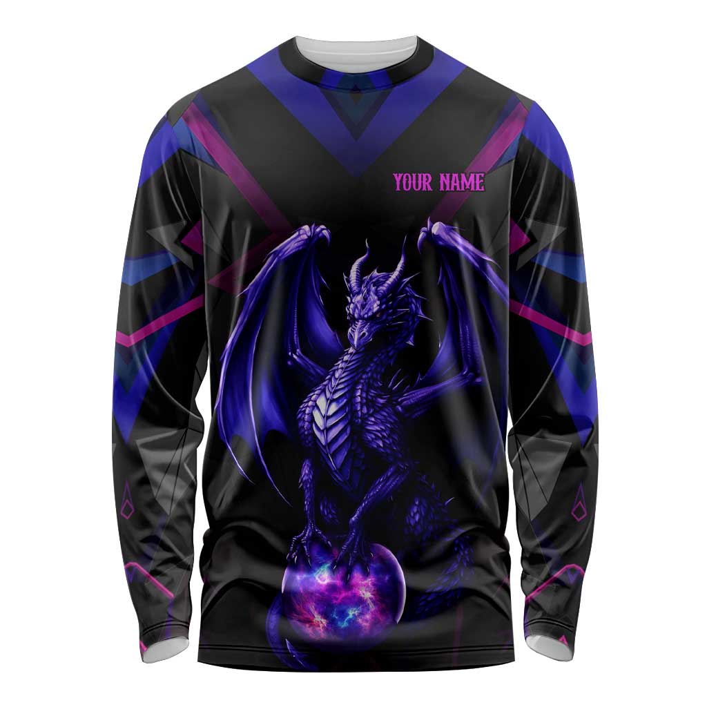 Custom Black And Purple Dragon Bowling Long Sleeve Shirt Magic Orb Graphic on Geometric Black Background Design - Wonder Print Shop