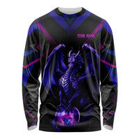 Custom Black And Purple Dragon Bowling Long Sleeve Shirt Magic Orb Graphic on Geometric Black Background Design - Wonder Print Shop