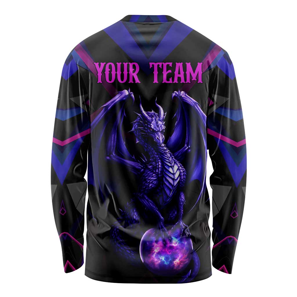 Custom Black And Purple Dragon Bowling Long Sleeve Shirt Magic Orb Graphic on Geometric Black Background Design - Wonder Print Shop