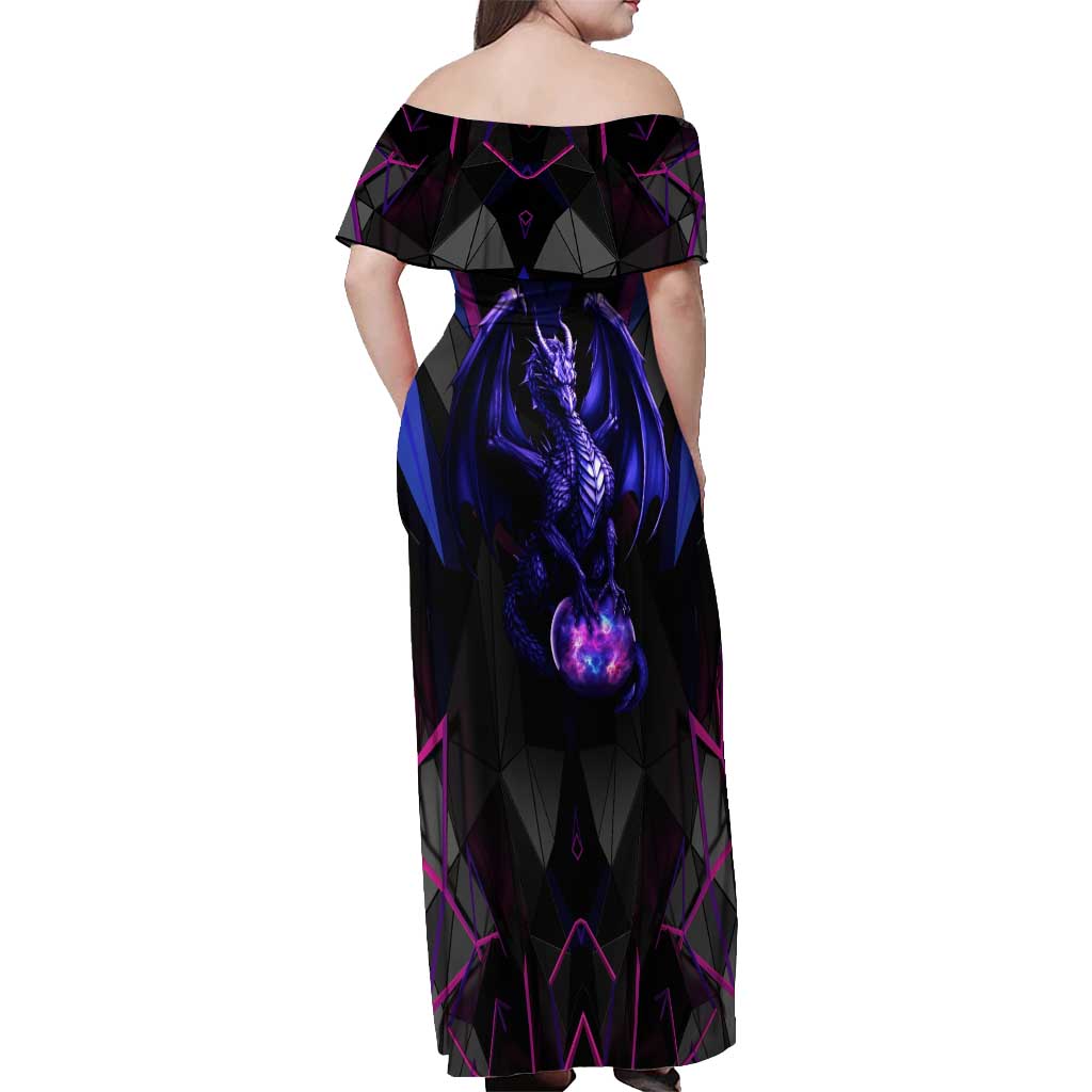 Custom Black And Purple Dragon Bowling Off Shoulder Maxi Dress Magic Orb Graphic on Geometric Black Background Design - Wonder Print Shop