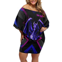 Custom Black And Purple Dragon Bowling Off Shoulder Short Dress Magic Orb Graphic on Geometric Black Background Design - Wonder Print Shop