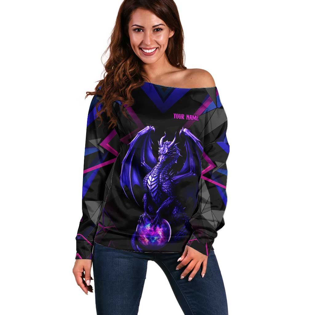 Custom Black And Purple Dragon Bowling Off Shoulder Sweater Magic Orb Graphic on Geometric Black Background Design - Wonder Print Shop