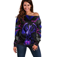 Custom Black And Purple Dragon Bowling Off Shoulder Sweater Magic Orb Graphic on Geometric Black Background Design - Wonder Print Shop